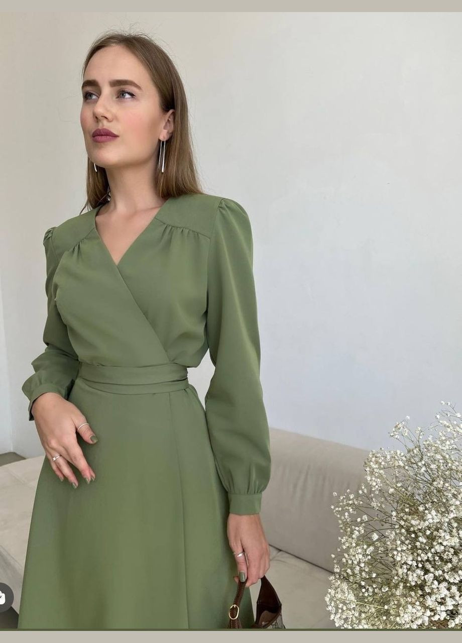 Оливкова (хакі) ділова, повсякденний, святковий, вечірня ніжна весняна сукня на запах SAVOY BRAND