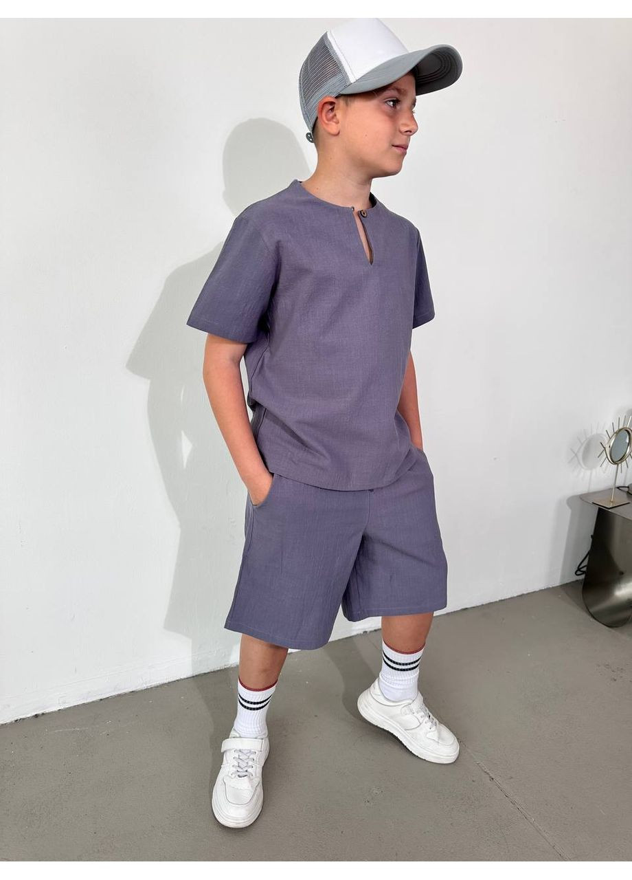 Сірий літній літні комплекти з натурального льону для хлопчика No Brand