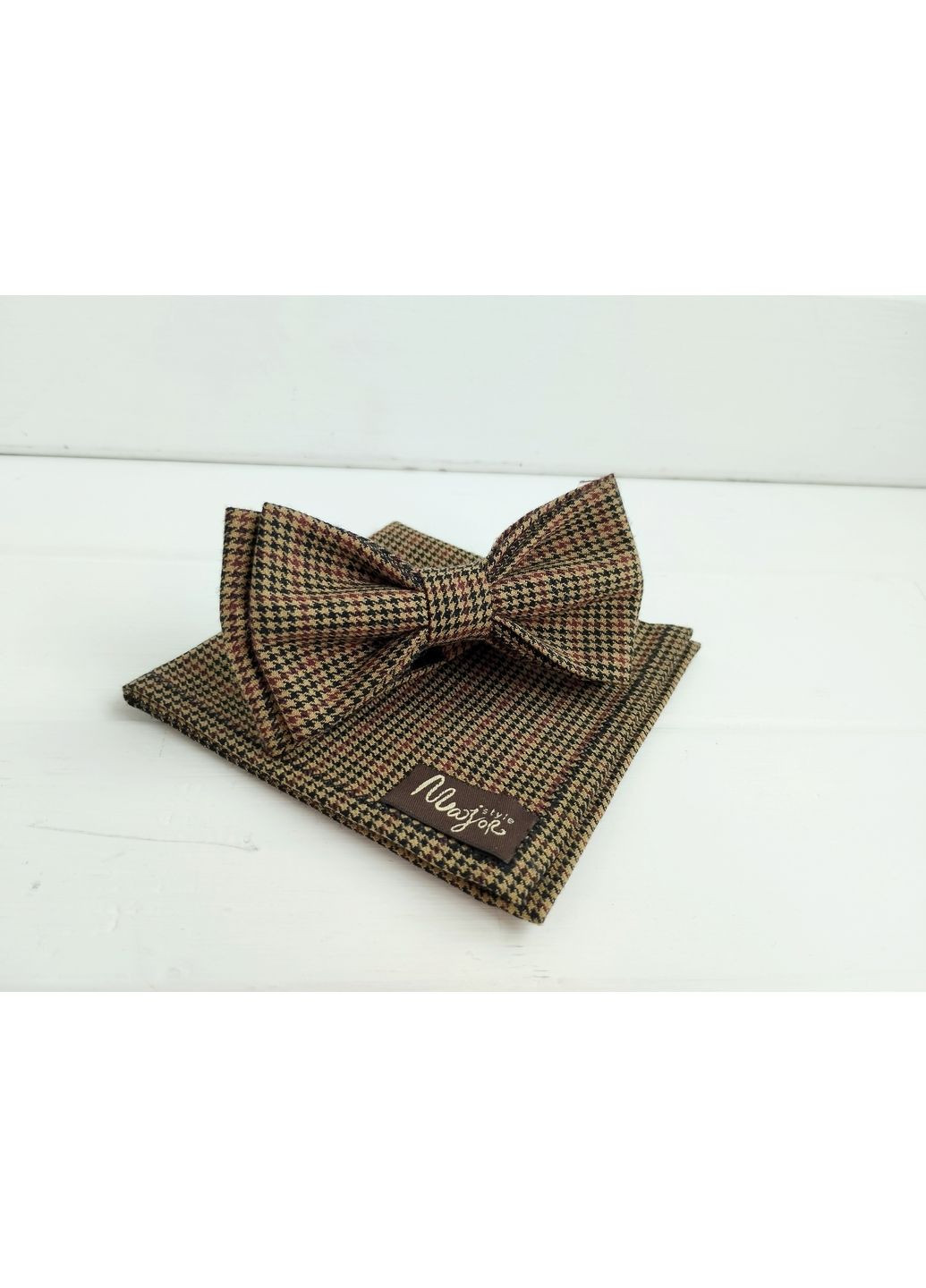 Коричнево-бордовая галстук бабочка в клетку с нагрудним платком Major Style (367982922)