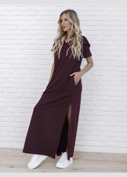 Бордова трикотажна довга сукня з капюшоном No Brand однотонна