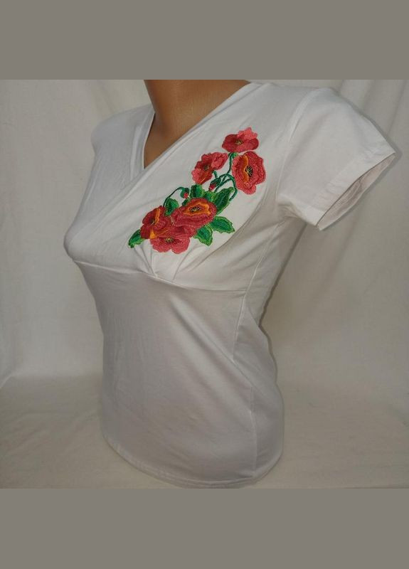 Біла жіноча футболка з вишивкою маки-s + подарунок No Brand - (342384832)
