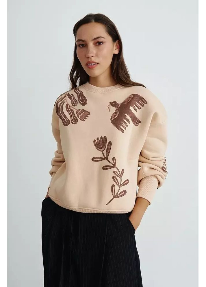 Бежевый женский утеплённый свитшот с вышивкой mkrm4305 Rica Mare (362575384)