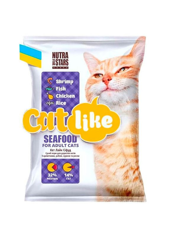 Сухой корм с креветками, курицей, рыбой и рисом для взрослых котов Catlike Seafood - 10 кг Nutra Five Stars (327055753)