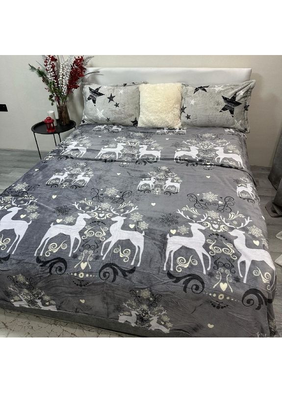 Новорічний Плед-Покривало сірого кольору з малюнком, Євро 200x220 см. No Brand (365749774)