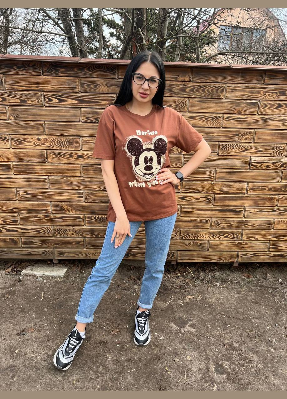 Жіноча подовжена коричнева футболка на літо Туреччина No Brand оверсайз - (332054409)