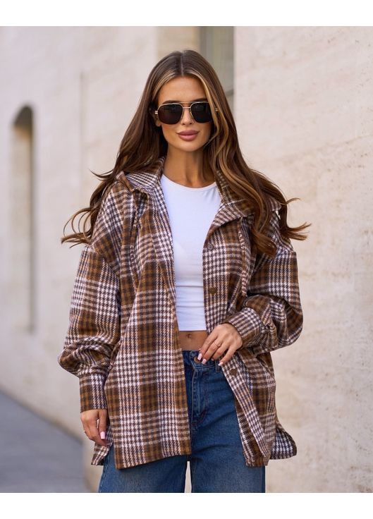 Коричневая повседневный, кэжуал рубашка в клетку ISSA PLUS с длинным рукавом