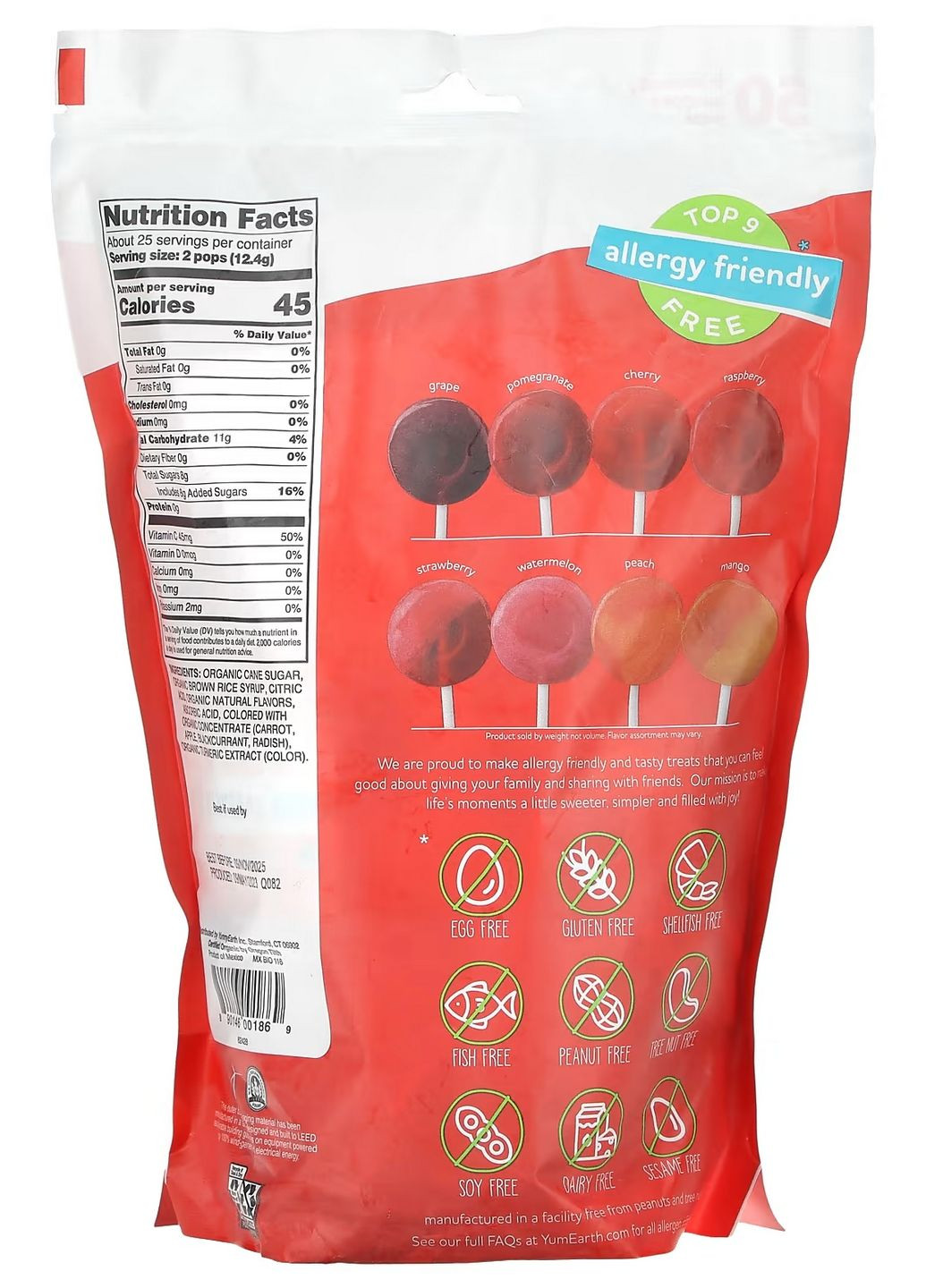 Органічні льодяники, асорті, 50 льодяників, 310 г – натуральні смаки без штучних барвників для дітей і дорослих YumEarth - (342116047)
