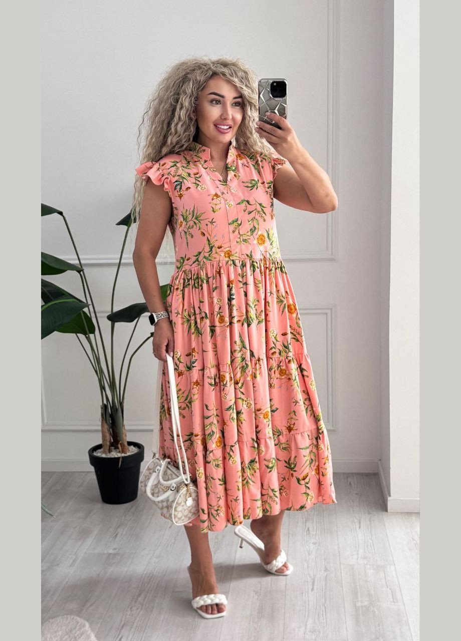 Персиковое повседневный, кэжуал женское платье Україна с цветочным принтом