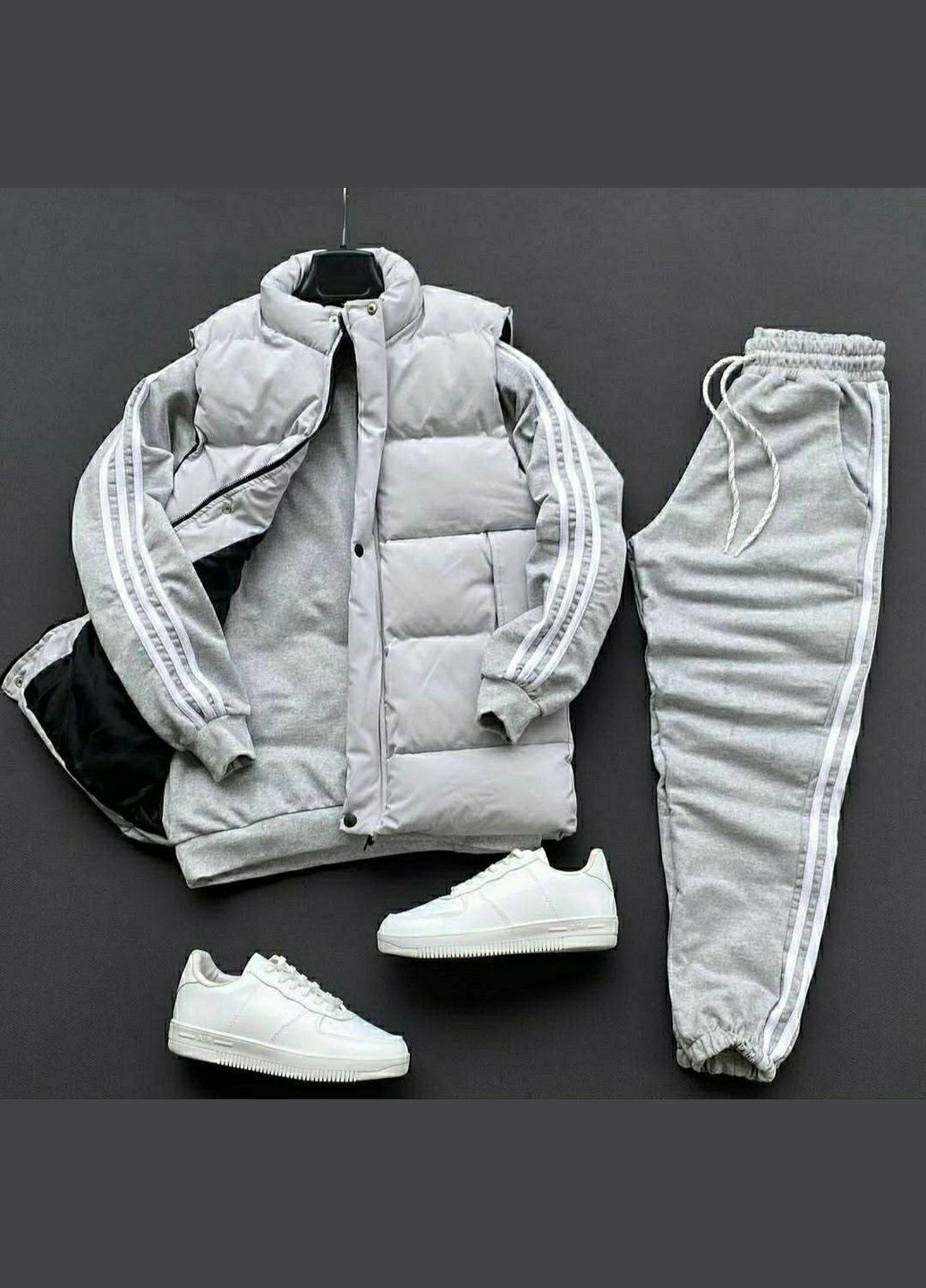 Серый демисезонный мужской костюм тройка джогеры, свитшот и жилетка тройка Adelante