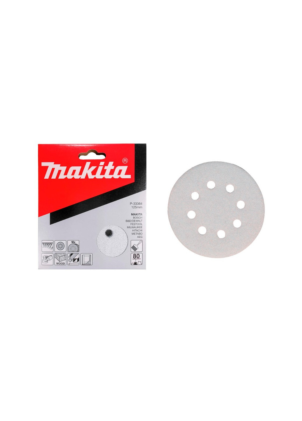 Набор шлифовальной бумаги P33364 (125 мм, 8 отверстий, К80, 10 шт) белая шлифбумага шлифовальный диск (6897) Makita (266818189)
