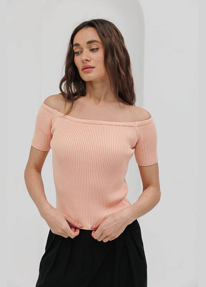 Персиковая летняя женская вязаная футболка с открытыми плечами Arjen
