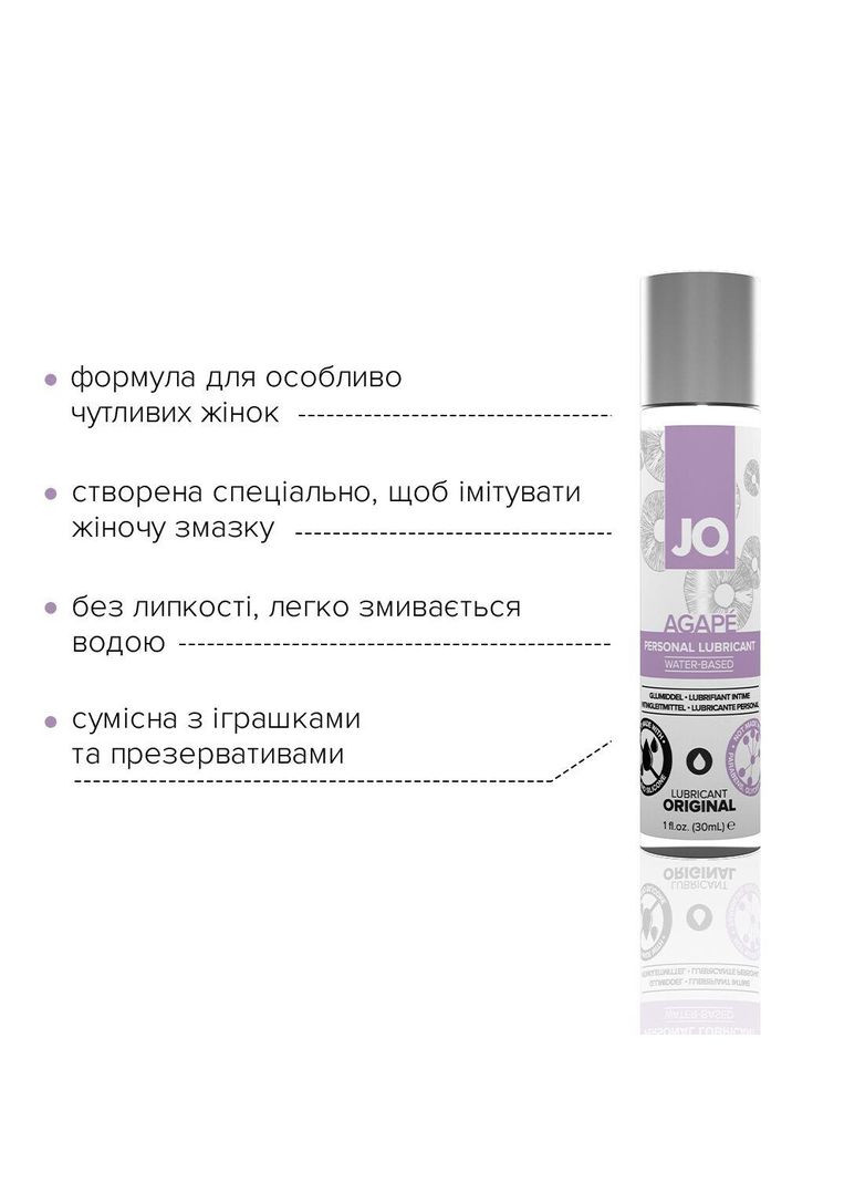 Мастило на водній основі AGAPE — ORIGINAL (30 мл) без гліцерину, гліколю й парабенів Jo (367722807)