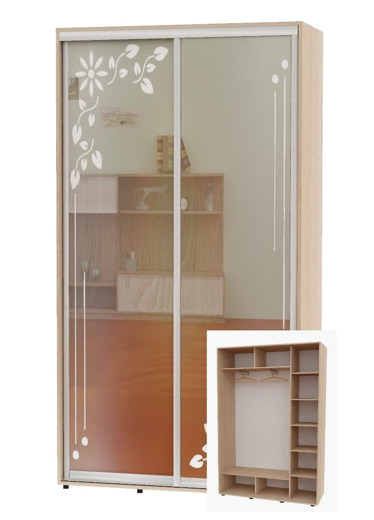 Шкаф-купе двухдверный 160*45*220 Дуб молочный Зеркало с пескоструйным рисунком Алекса (360462239)