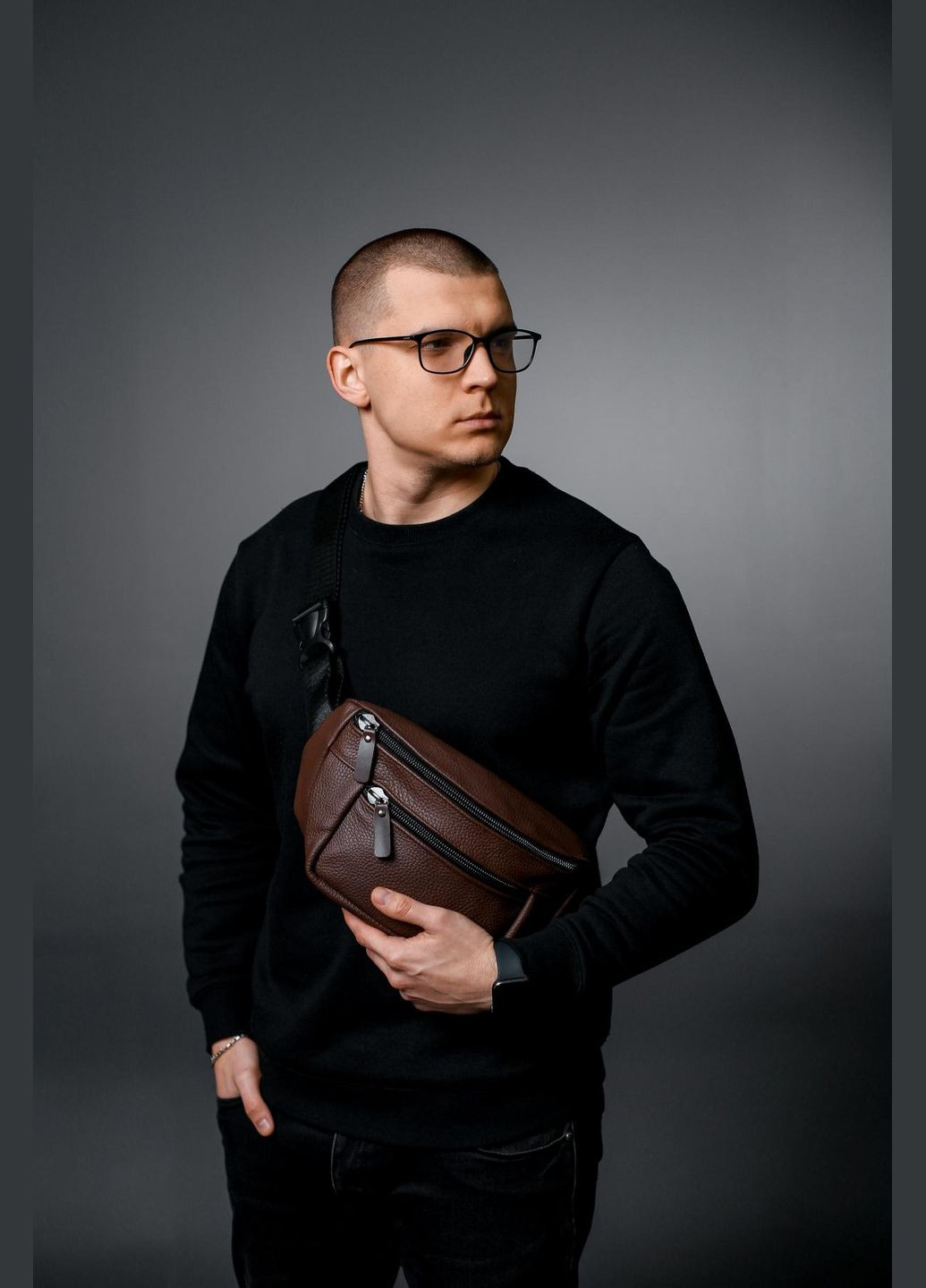 Сумка на пояс мужская из натуральной кожи, коричневая SL035 (Коричневая) SKILL (323427262)