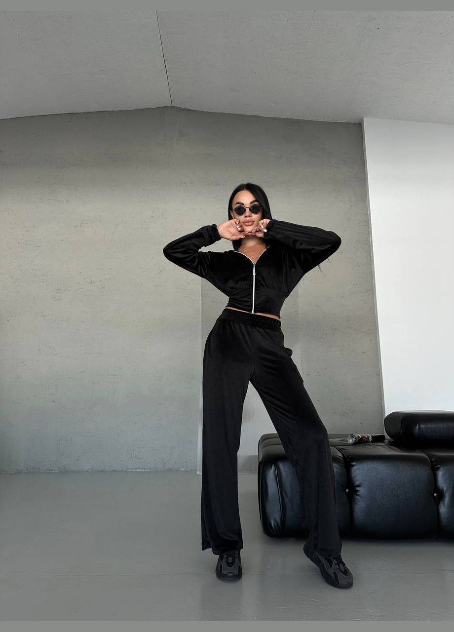 Качественный чёрный велюровый костюм двойка (кофта с капюшоном+штаны), приятный к телу мягкий костюмчик No Brand 691 (301066486)