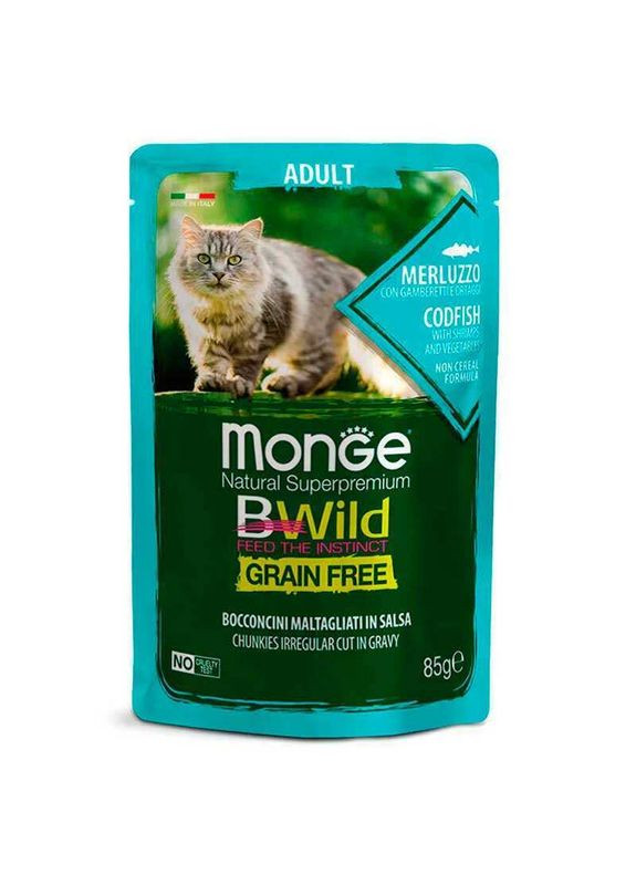 BWild Grain Free Wet Cod Fish Adult Cat - Вологий беззерновий корм із тріски з креветками та овочами для дорослих кішок - 85 г Monge (336183304)