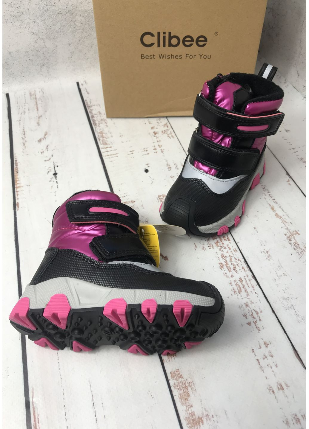 Цветные повседневные зимние ботинки дутики детские на девочку черно-розовый (1018) Clibee