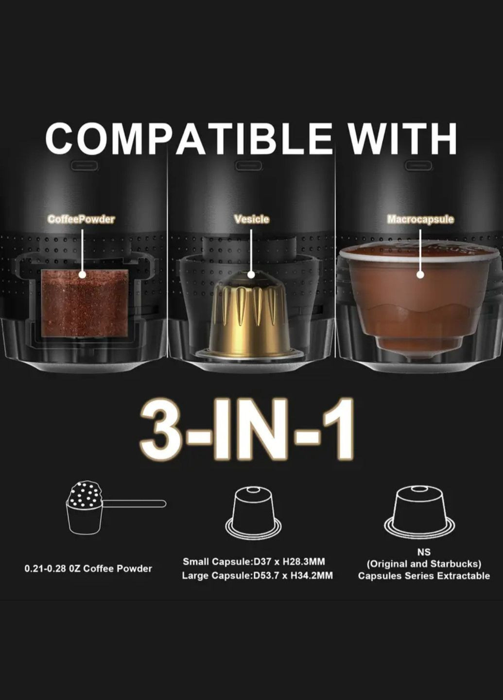 Портативна USB-кавоварка 3-в-1 для еспресо, капсул і меленої кави — компактна, бездротова, з підігрівом No Brand (348334873)