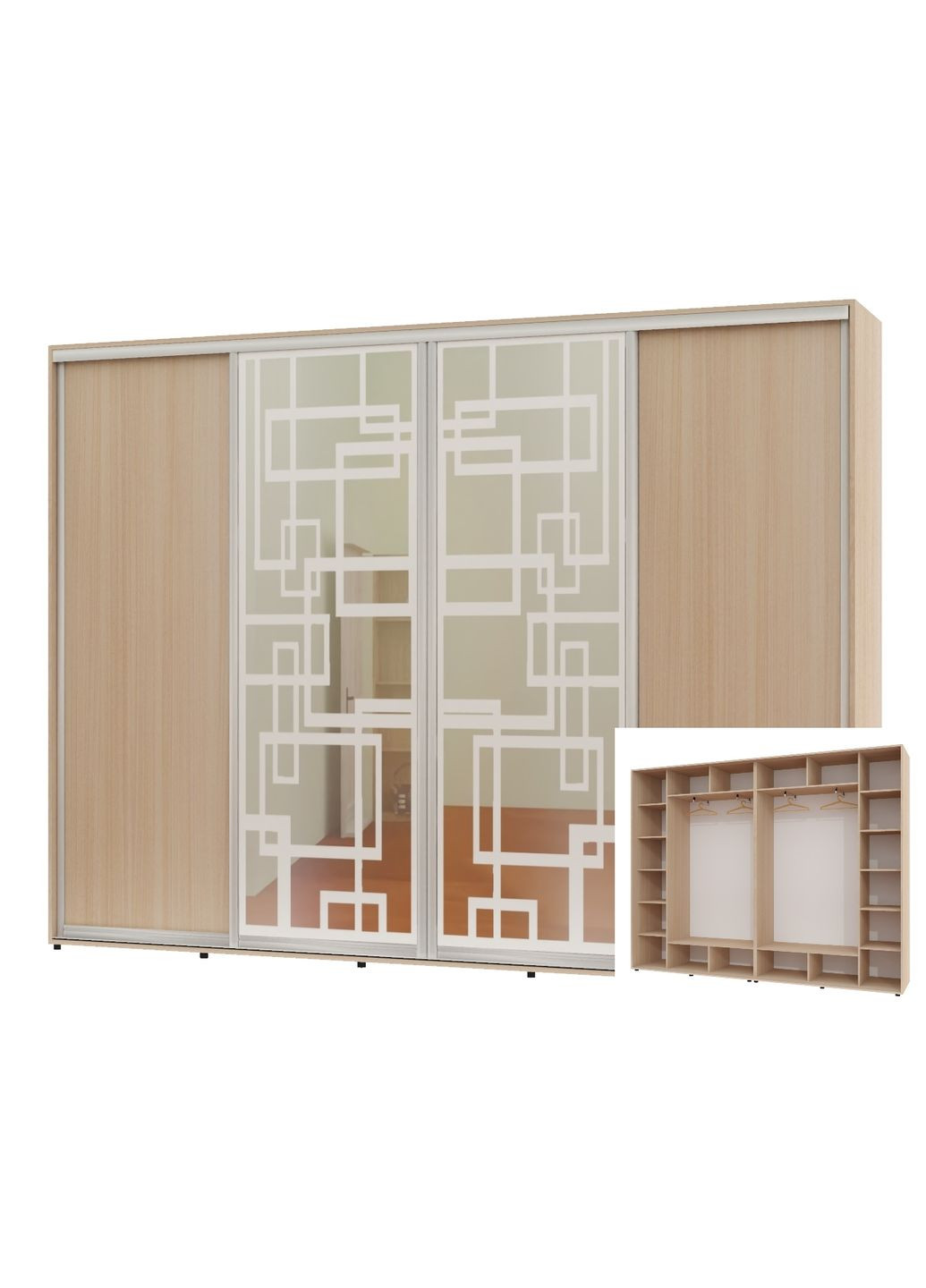 Шафа-купе чотиридверна 300*45*220 Дуб молочний 2 ДСП/2 Дзеркала з піскострумним малюнком Алекса (360434705)