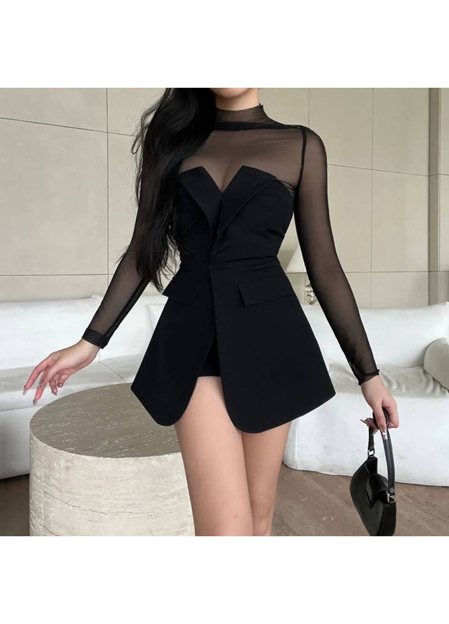 Черное вечернее элегантное платье из креп-дайвинга и сетки – изысканный праздничный образ 🖤 (замеры в описании) Vione однотонное