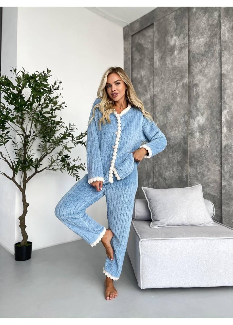 Голубая зимняя домашний плюшевый костюм "небесная нежность" / женский теплый костюм для дома / плюшевый комплект с помпонами No Brand