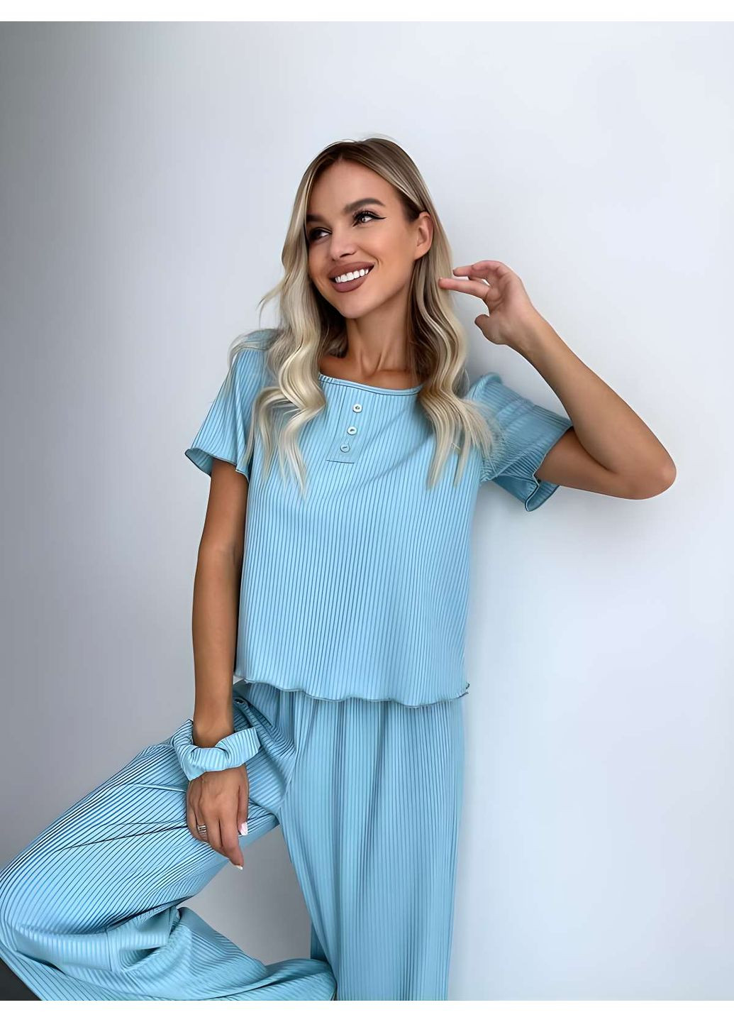 Бірюзова жіноча зручна домашня піжама домашній комплект футболка і широкі штани рубчик сірий Україна