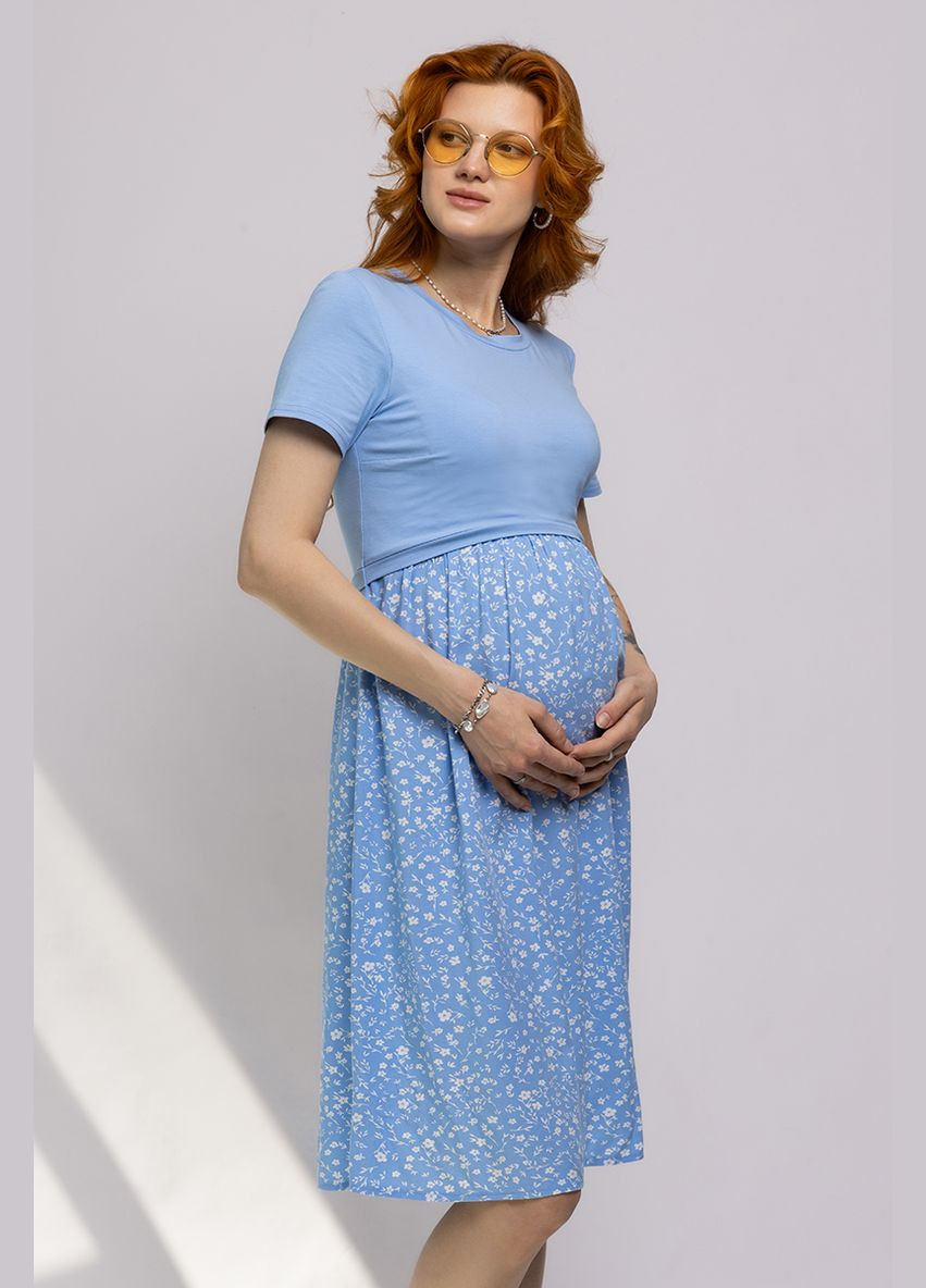Голубое платье для беременных и кормящих голубое из тонкого хлопкового трикотажа Юла мама
