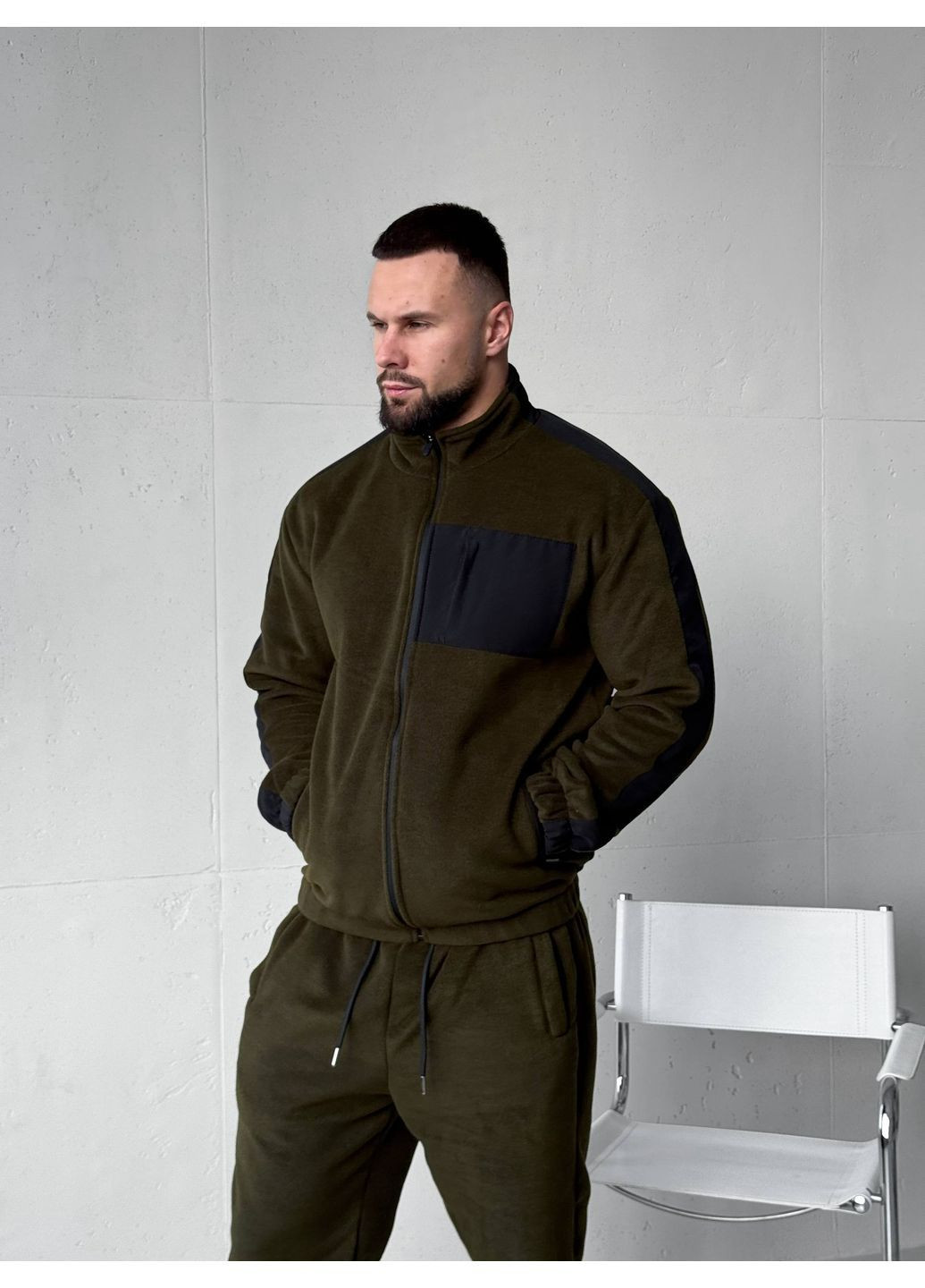 Оливковий (хакі) зимній зимовий чоловічий костюм з флісу брючний Vakko