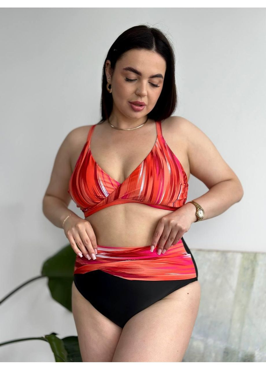 Помаранчевий літній жіночий роздільний купальник великих розмірів червоно-чорний / жіночий купальник плюс сайз червоно-чорний з високими трусиками No Brand