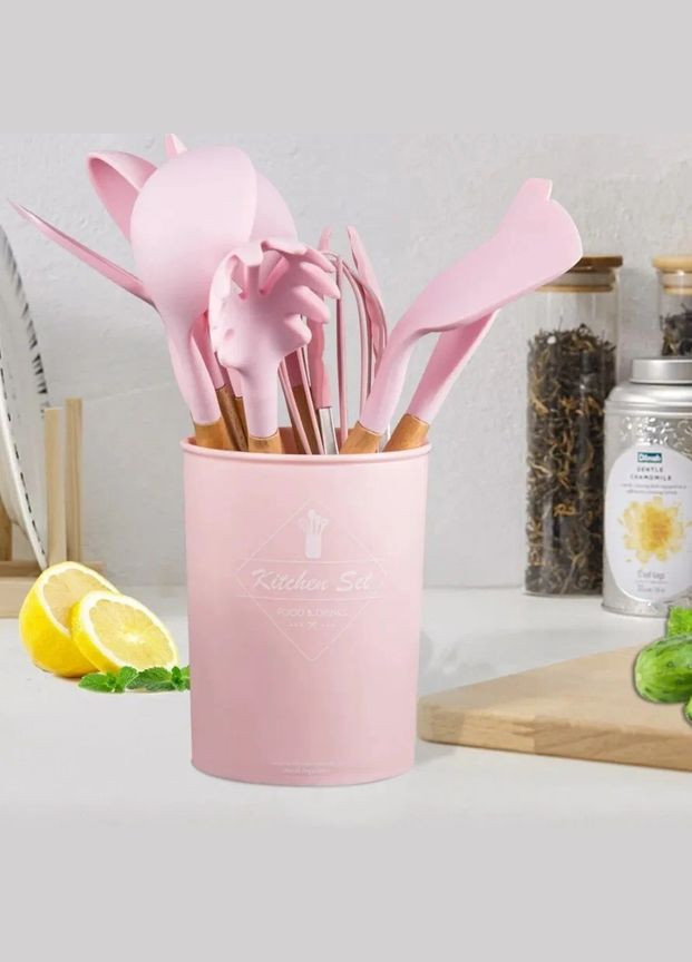 Набор кухонных принадлежностей из силикона и дерева с подставкой Kitchen Set 12 предметов Розовый (HA-50) No Brand (334011307)