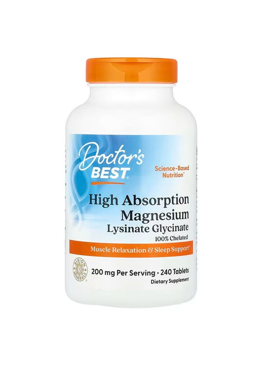 Магний хелат, Magnesium,, с высокой степенью усвоения, 200 мг, 240 таблеток (100 мг в таблетке) Doctor's Best (362370332)