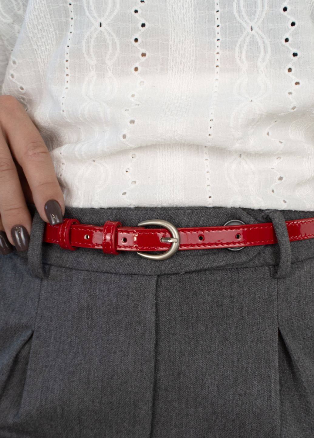 Ремень кожаный женский PS-1570 (125 см) красный лаковый узкий Puos (361639622)