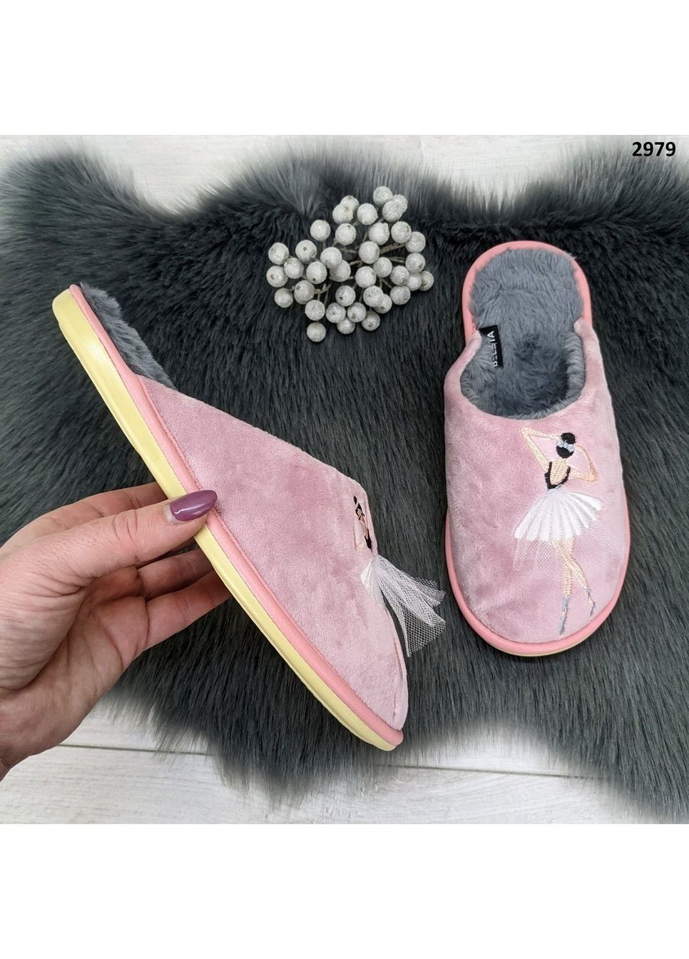 Пудровые тапочки женские комнатные велюровые с меховой подкладкой Белста