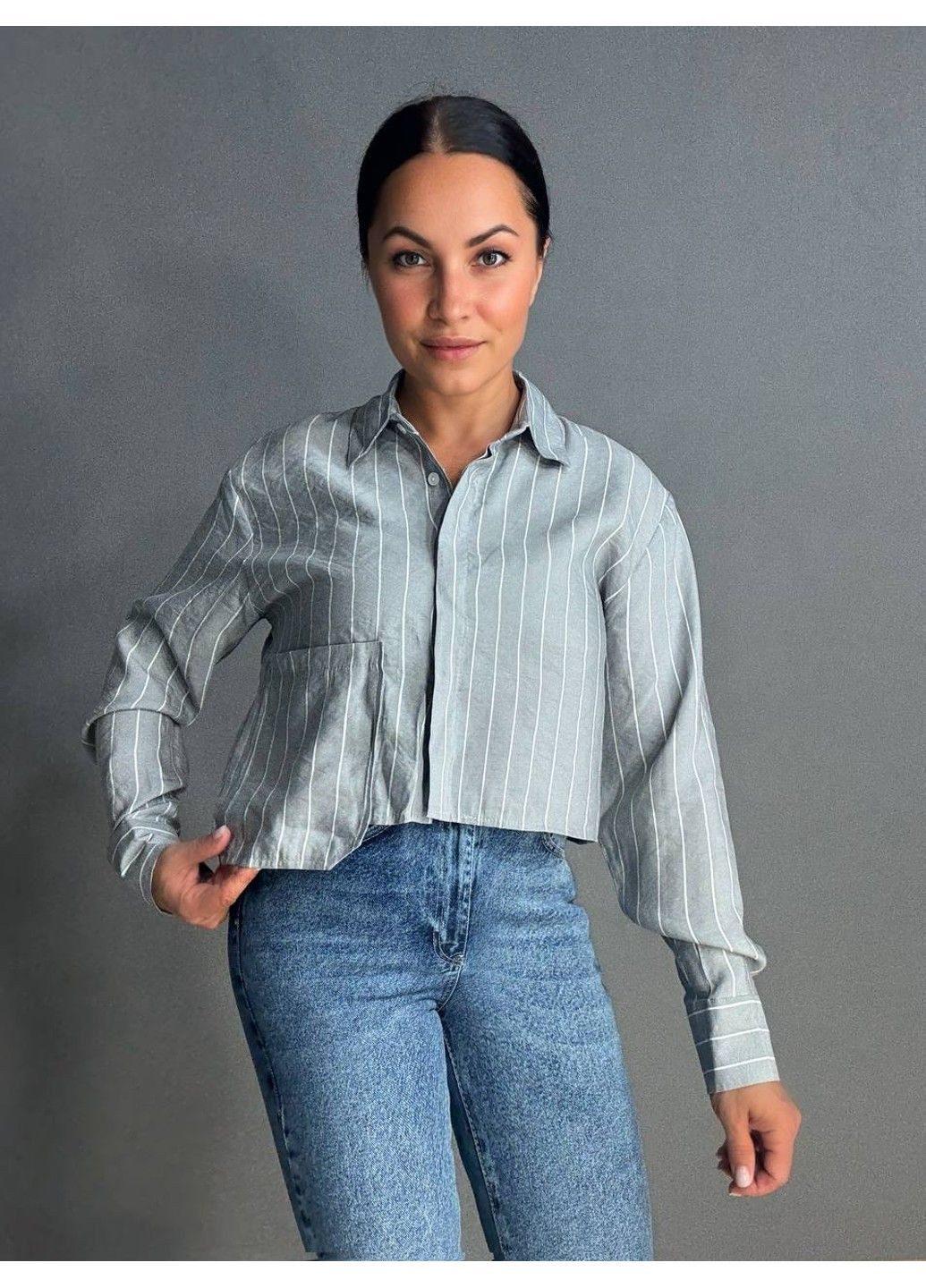 Сорочка жіноча 4447 укорочена з кишенею у тонку смужку сіра MIX RAY (340765942)
