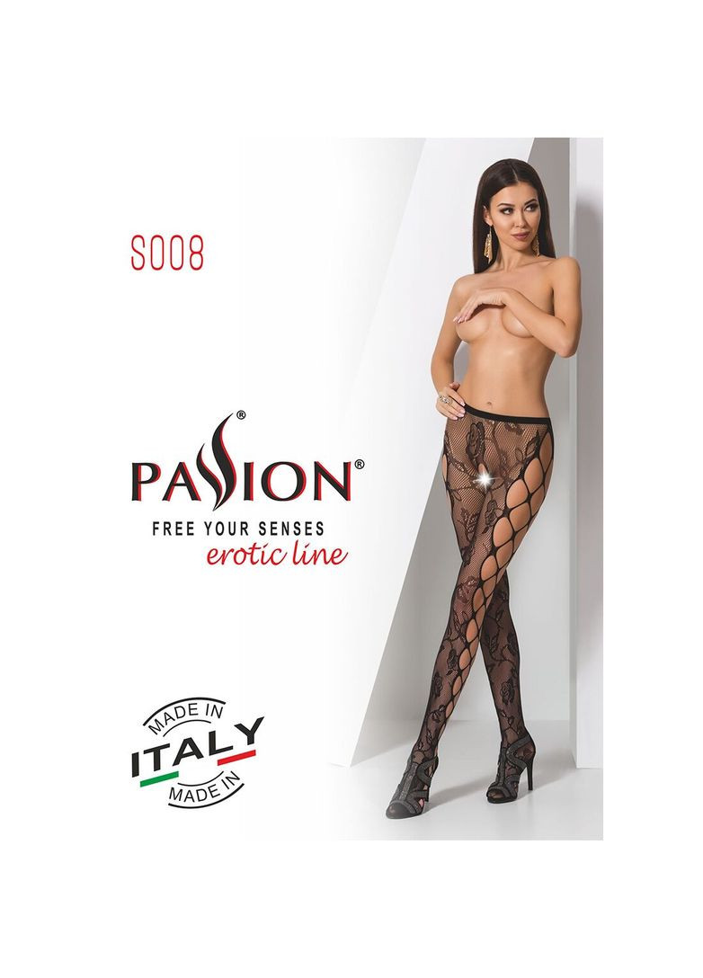 Эротические колготки-бодистокинг S008 black, ажурные колготки с вырезом и лампасами-сеткой Passion (369950935)