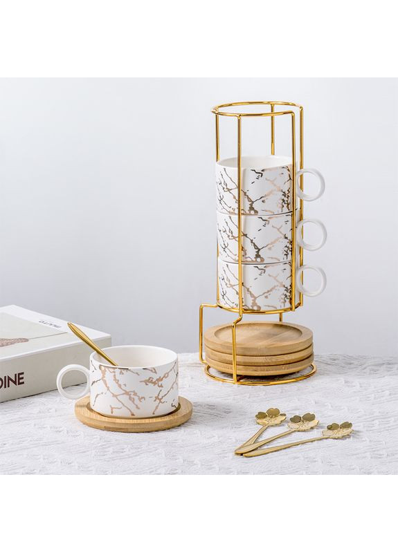 Набір чашок Мармурова розкіш (4 шт) для чаю кави з бамбуковим блюдцем - підставкою та ложкою для чаю кави, White Lesko (360455544)