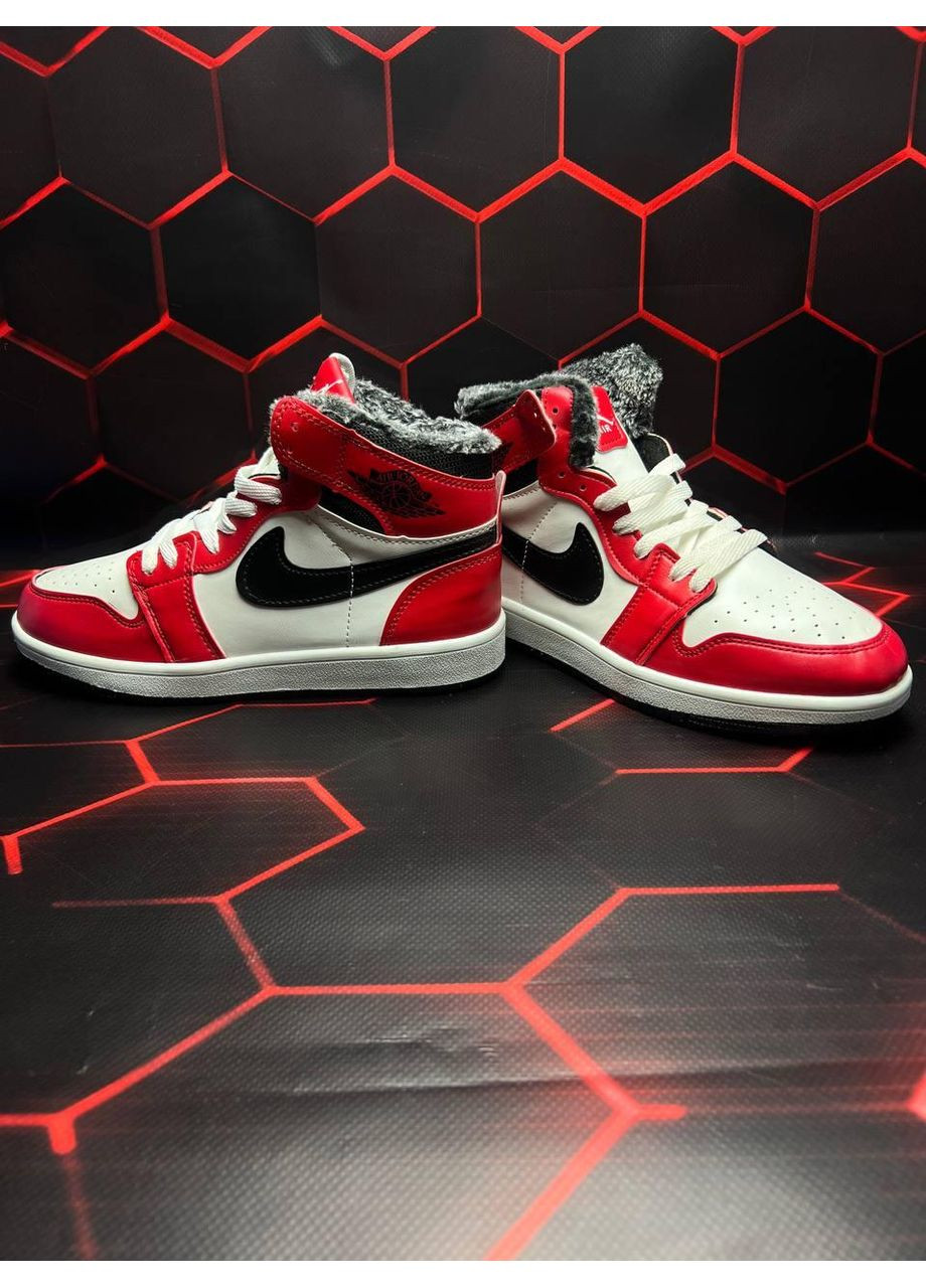 Черные зимние кроссовки мужские nike jordan 1 retro red white black fur найк аир джордан No Brand
