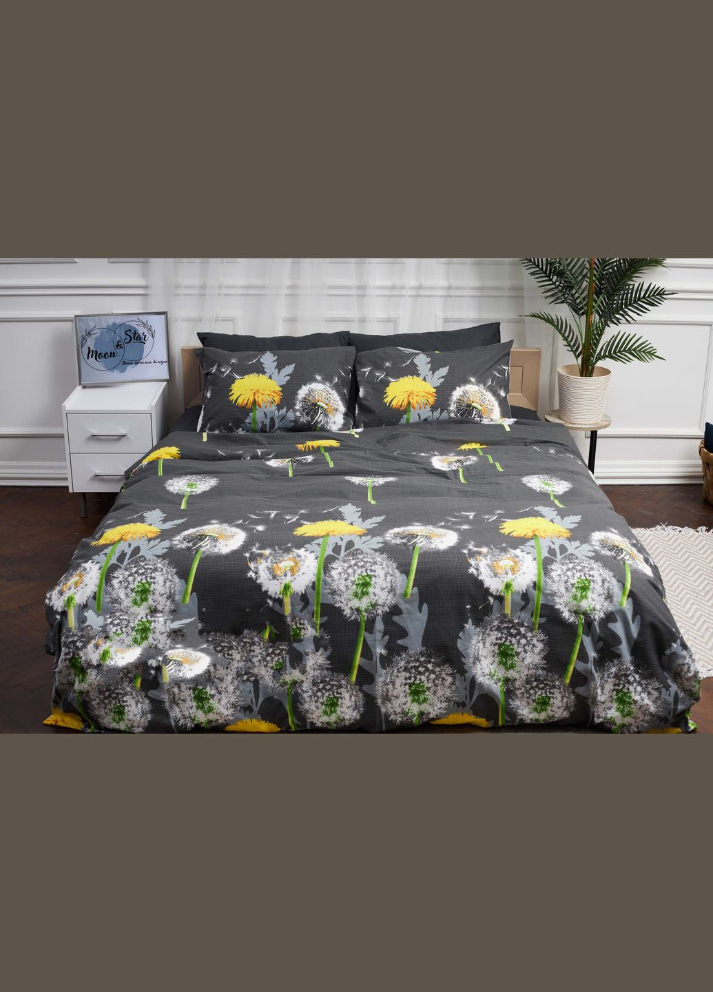 Комплект постільної білизни сімейний 143х210х2 наволочки 4х70х70 Бязь Gold Люкс (MS-820000934) Moon&Star Dandelion Black (285717581)
