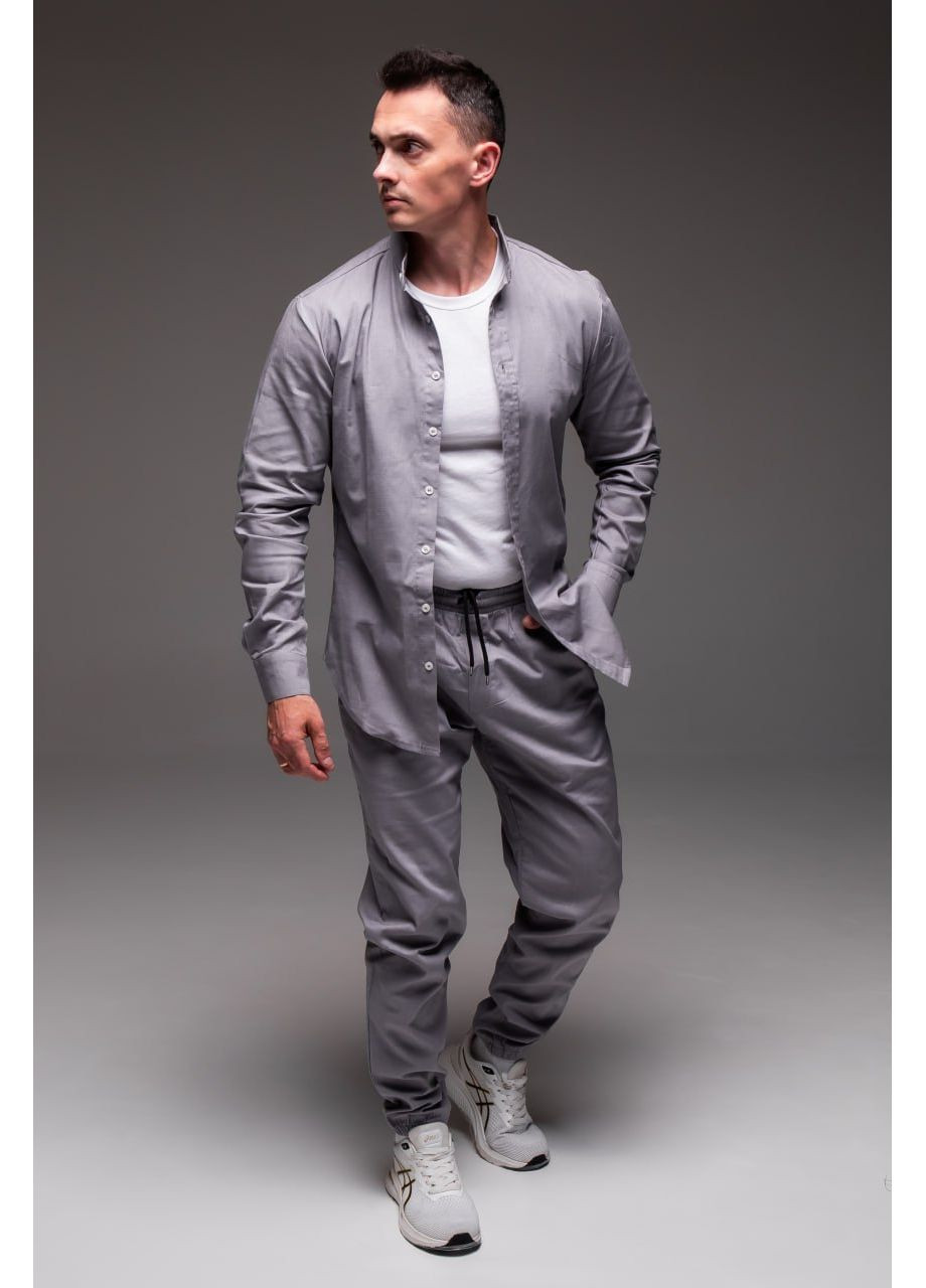 Серый демисезонный мужской льняной комплект (рубашка + штаны) с рубашкой, брючный Vakko