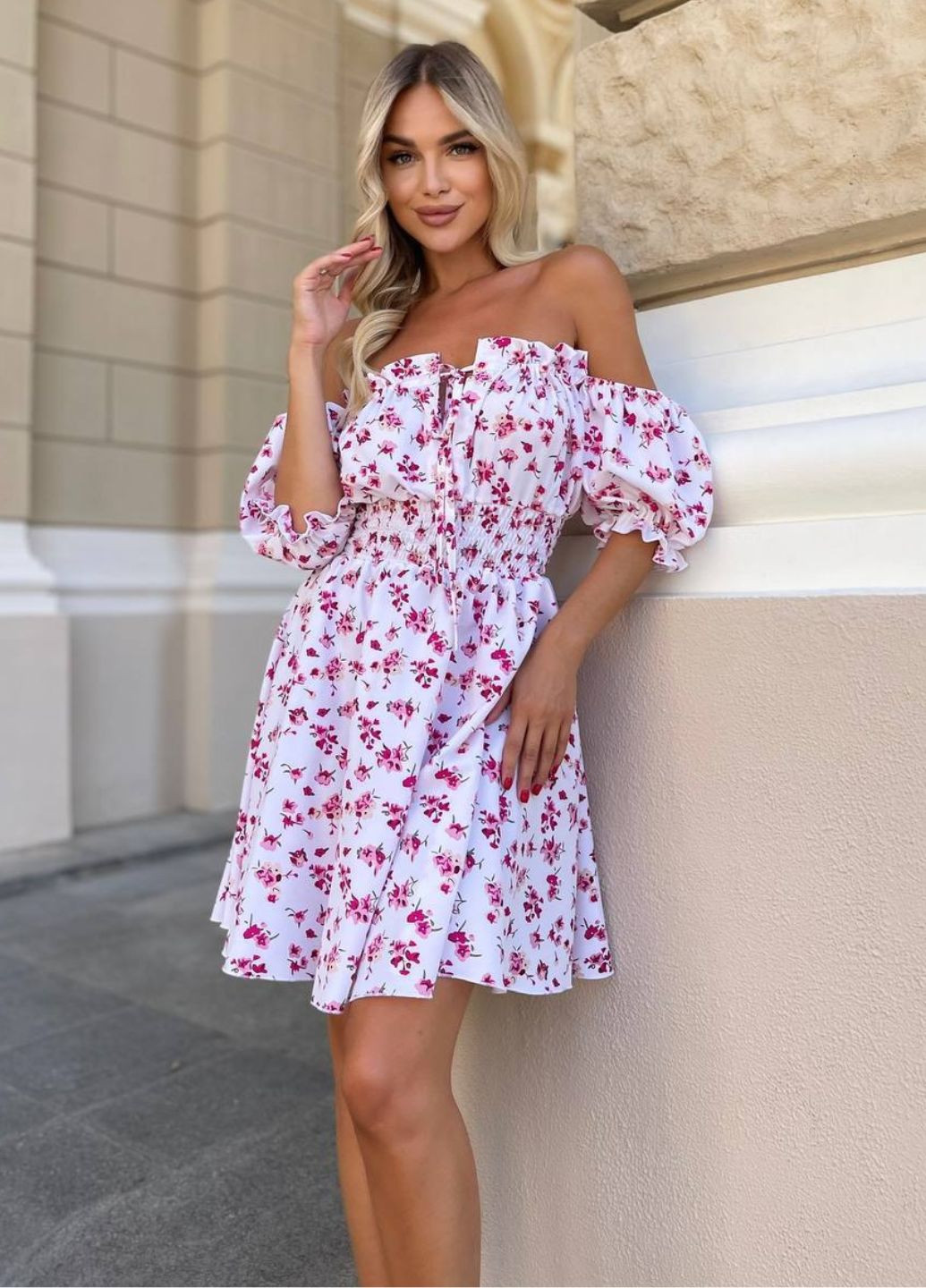 Світло-червона повсякденний сукня міні з коротким рукавом ліхтарик на гумці з спідницею-сонце Tik-Tak з квітковим принтом