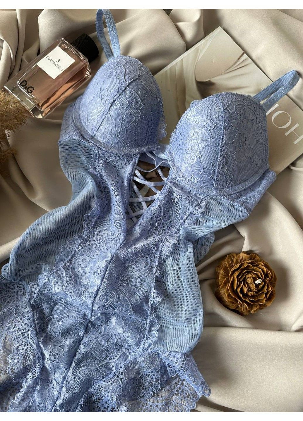 Блакитна жіноча нижня білизна мереживне боді Velencosa (303422211)