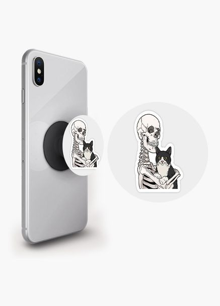 Попсокет держатель для смартфона (Popsockets) Скелет и котик Черный No Brand (302084782)