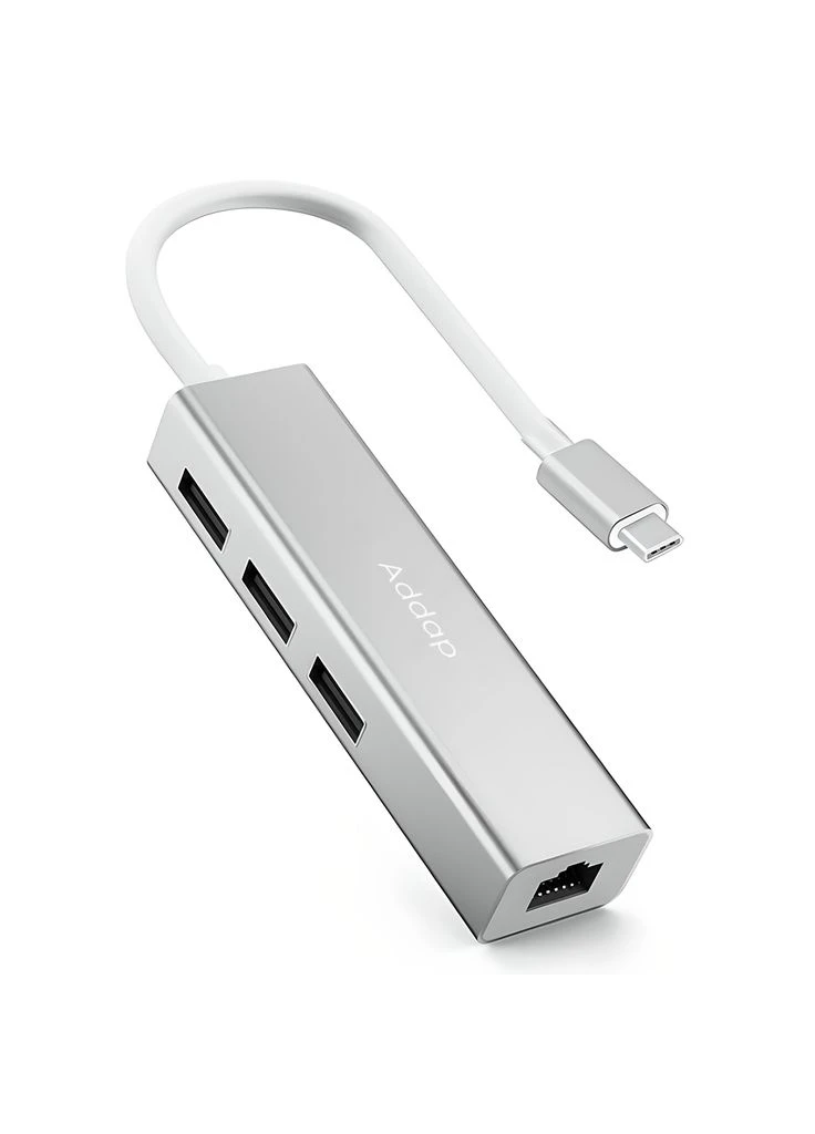 USB Type-C Хаб | адаптер на 3 порта USB 3,0 для ноутбука MH-05, с интернет подключением Ethernet RJ-45 1000 Мбит/с Addap (375460866)