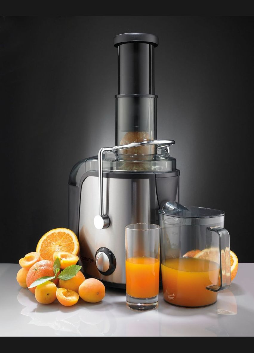 Соковыжималка отцентрированная 800Вт, чаша 1.1л, жмых-1.5л, желоб на целое яблоко, пластик/металл, черный Gorenje (315604851)