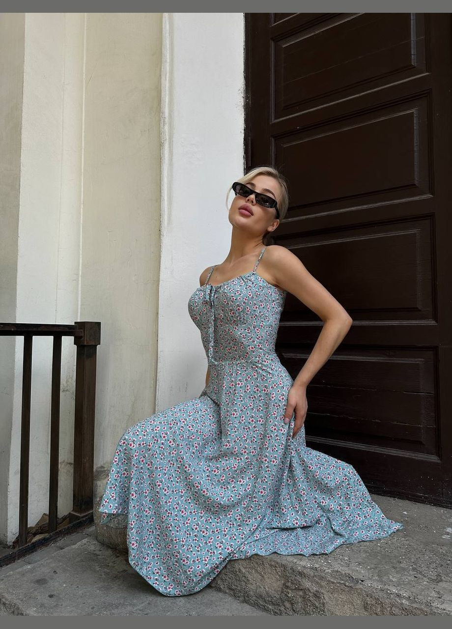 Голубое повседневный женское платье меди с цветочным принтом MonCher с цветочным принтом