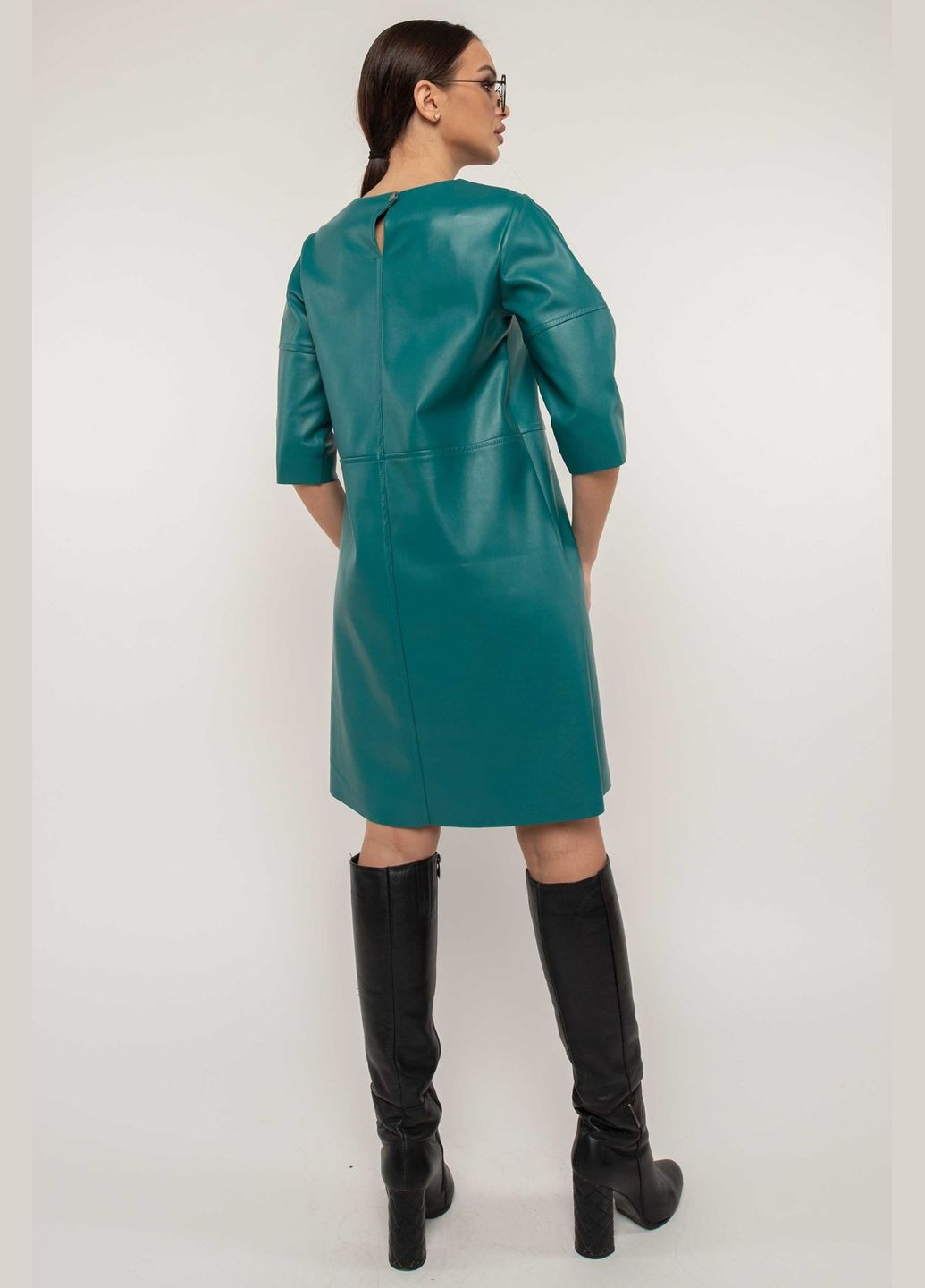 Бірюзова повсякденний жіноча сукня з екошкіри з буф-рукавами та фігурним вирізом на спинці (пл 1119) RiMari