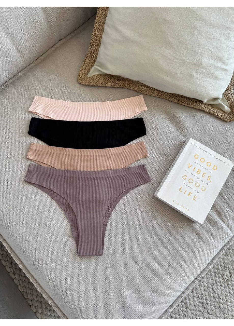 Трусики женские в рубчик бесшовные бразилианы комплект из 4х цветов трусы в упаковке женские No Brand Бразиліани (365655422)