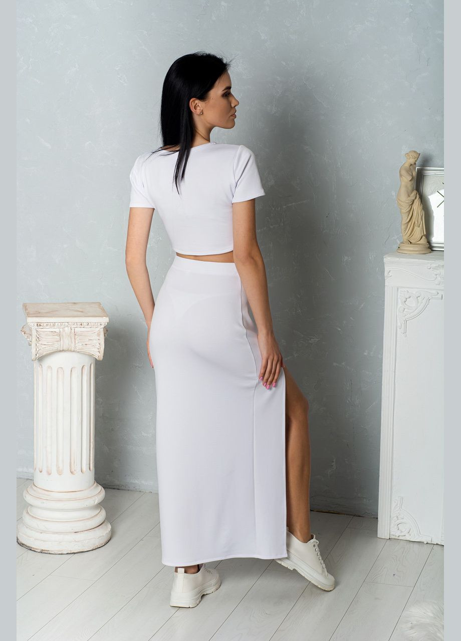 Белая офисная женская трикотажная юбка макси с разрезом на правой ноге, однотонная. No Brand