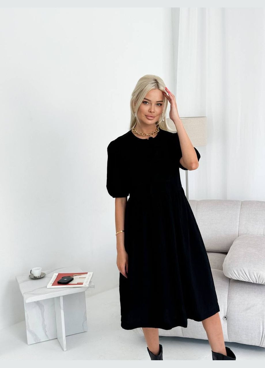 Чорна повсякденний, святковий жіноча літня льняна сукня міді оверсайз Style Point однотонна