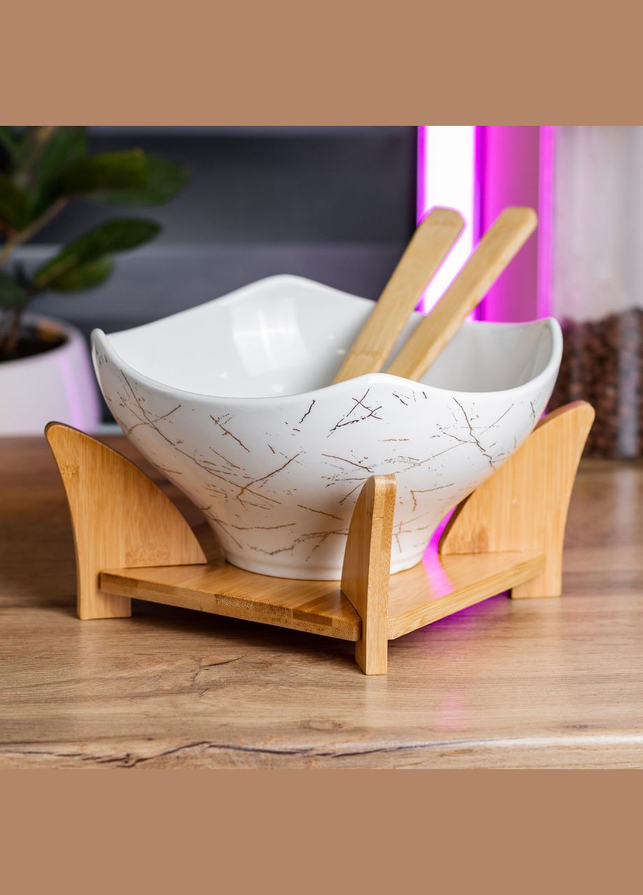 Салатник із дерев'яними ложками 22×22 см тарілка для салату біла на дерев'яній підставці SMS_lu Yiwu (322340300)